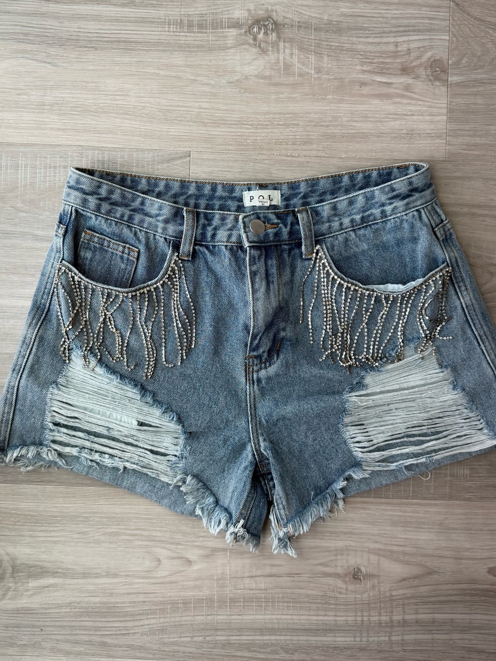 POL Rhinestone Denim Shorts - Blue